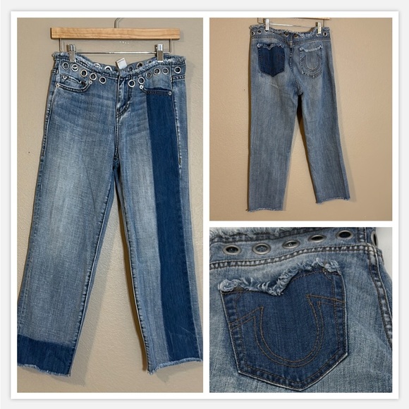 True Religion Y2K Super Low Rise Stovepipe Deconstructed Crop Jeans Size 27 - Picture 1 of 13